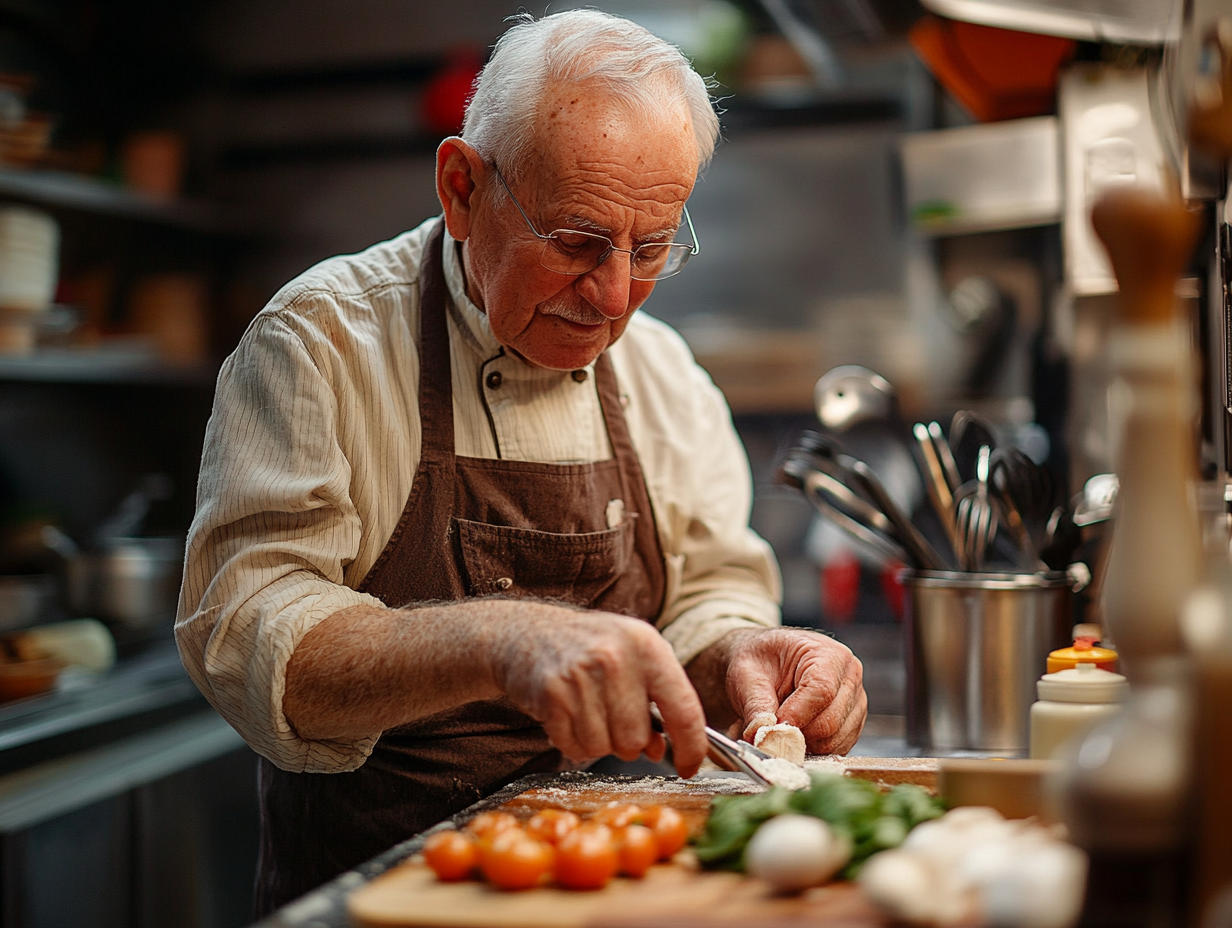 Група от усмихнати възрастни хора на кулинарен курс за здравословно готвене
